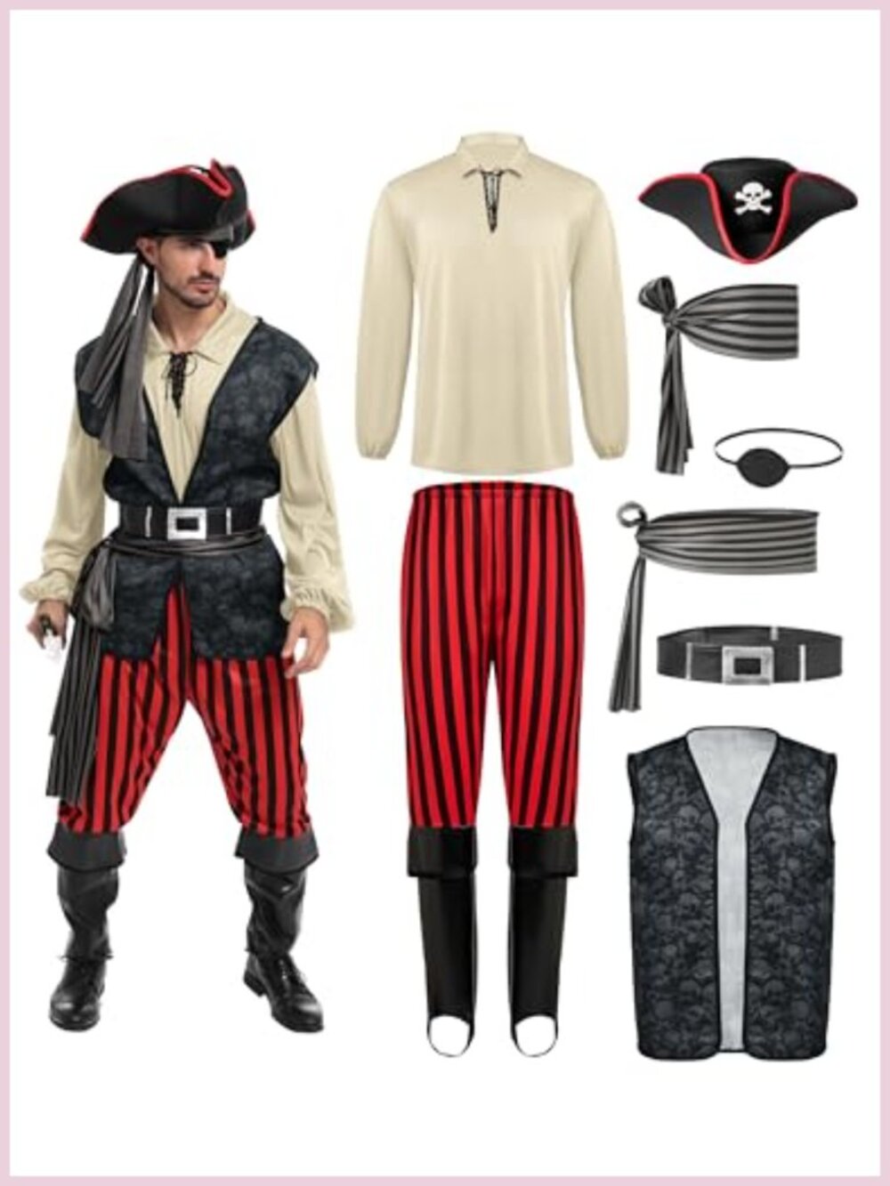 Men's Pirate Costume Set Complete Shirt Vest Pants Hat Vest Belt Adult Halloween